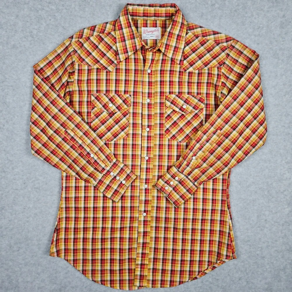 Vintage Wrangler Mens 16-33 Sanforized Plaid Western Pearl Snap Shirt Cowboy USA